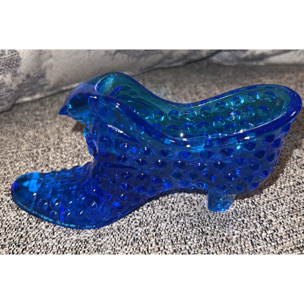 Vintage Fenton Art Glass Vintage Cobalt Blue Cat Head Hobnail Shoe Slipper Boot